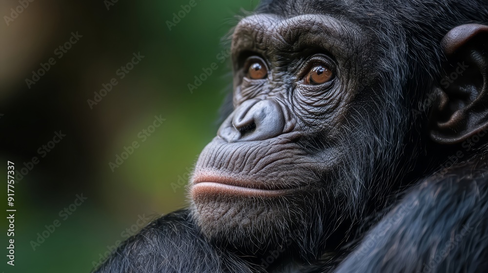 A tight shot of a monkey's face with blurred trees and bushes behind A tight shot of a monkey's face with blurred trees and bushes behind
