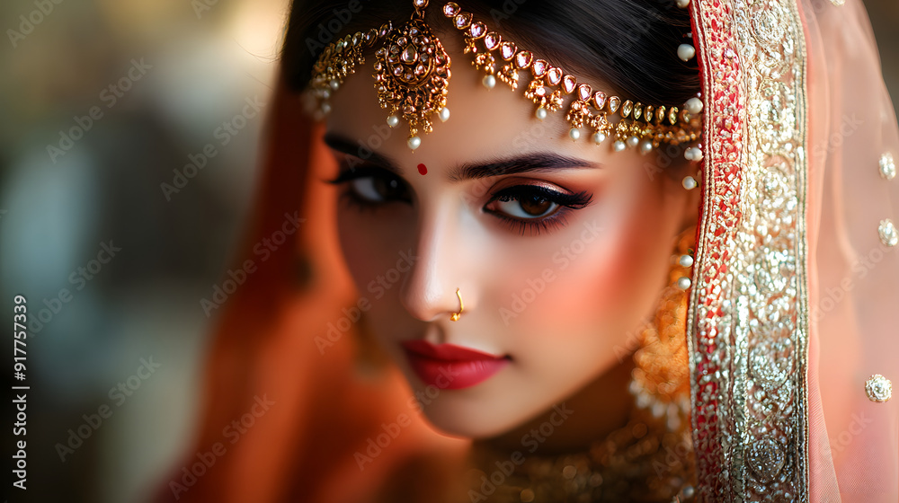 Beautiful Indian bride portrait with traditional Hindu jewelry on her wedding day. Beautiful Indian bride portrait with traditional Hindu jewelry on her wedding day.