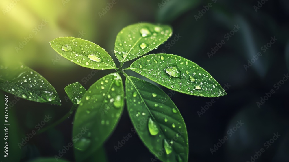 A sharp focus on a green leaf, dotted with water droplets, against a softly blurred backdrop of leaves A sharp focus on a green leaf, dotted with water droplets, against a softly blurred backdrop of leaves