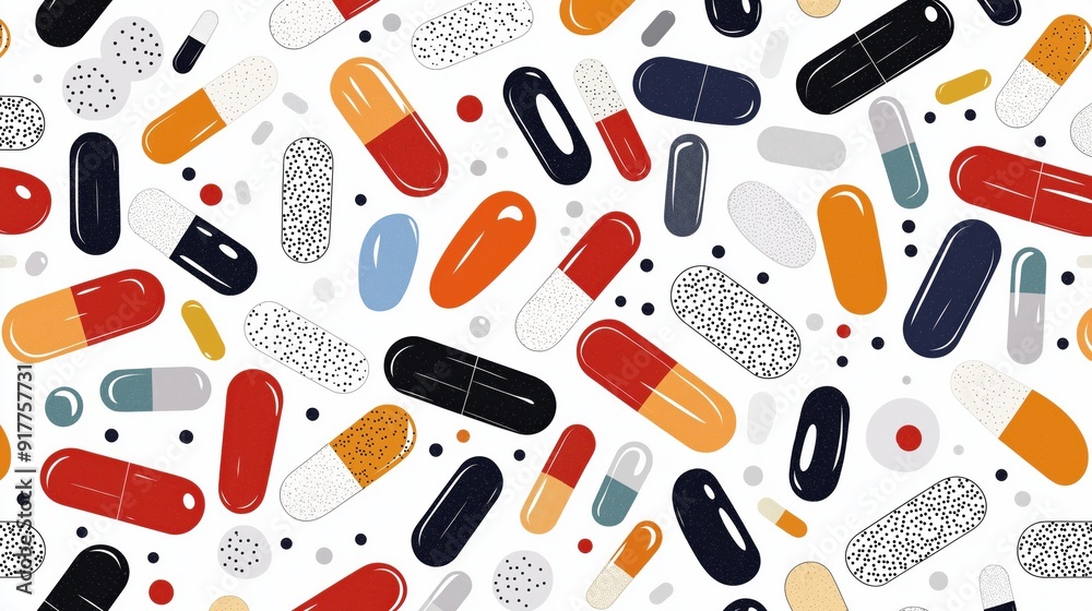 Playful illustration design of colorful vitamin pills and capsules on a white background
