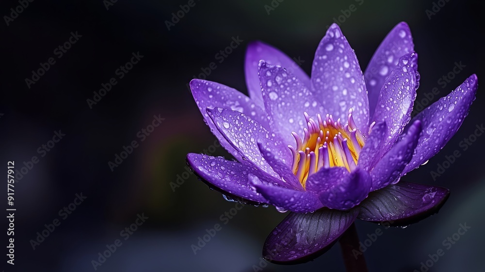 A tight shot of a purple bloom dotted with water beads, accompanied by a green leaf in the near foreground A tight shot of a purple bloom dotted with water beads, accompanied by a green leaf in the near foreground