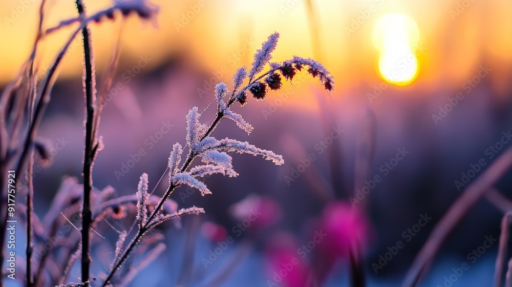 A close-up of a plant with the sun setting in the distance In the foreground, there's a body of water A close-up of a plant with the sun setting in the distance In the foreground, there's a body of water