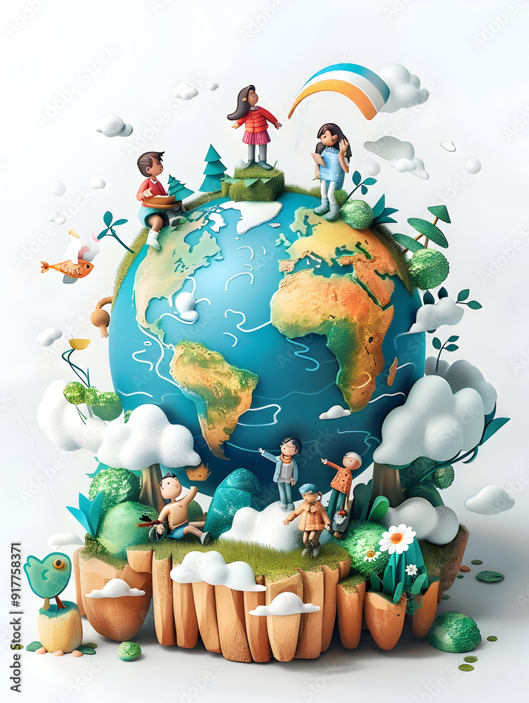 Obraz premium People Developing Climate Change Project Plans with Earth Model 3D Flat Icon Concept Implying Creativity, Innovation, and Environmental Awareness