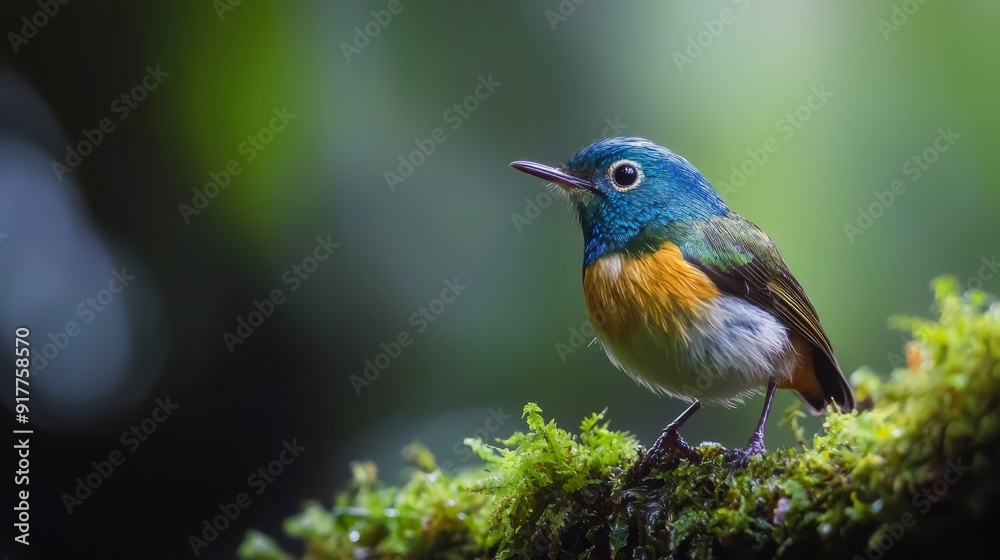 A tight shot of a small bird perched on a mossy texture, surrounded by a softly blurred background A tight shot of a small bird perched on a mossy texture, surrounded by a softly blurred background