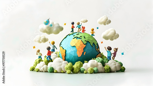 3D Flat Icon: People with Earth and Climate Change Project Plans   Creative Innovation for Environmental Awareness   Isolated White Background