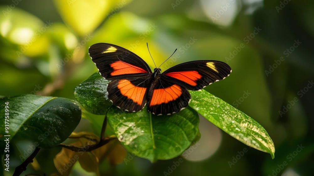 A red-and-black butterfly perches atop a verdant plant, surrounded by numerous emerald leaves A red-and-black butterfly perches atop a verdant plant, surrounded by numerous emerald leaves