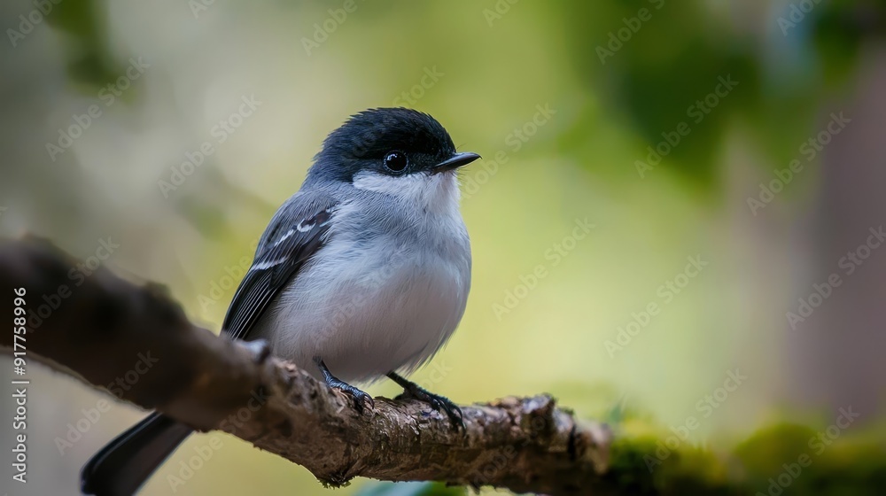 A small black-and-white bird perches on a tree branch against a softly blurred background A small black-and-white bird perches on a tree branch against a softly blurred background