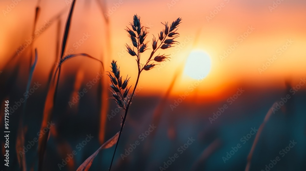 A close-up of a plant facing a sunset over a distant body of water A close-up of a plant facing a sunset over a distant body of water
