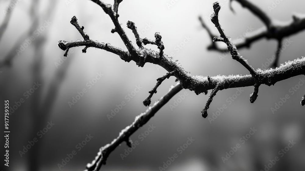 A tree branch, its ice-coated limbs contrasting against a monochrome backdrop, is framed by a foggy, gray sky A tree branch, its ice-coated limbs contrasting against a monochrome backdrop, is framed by a foggy, gray sky