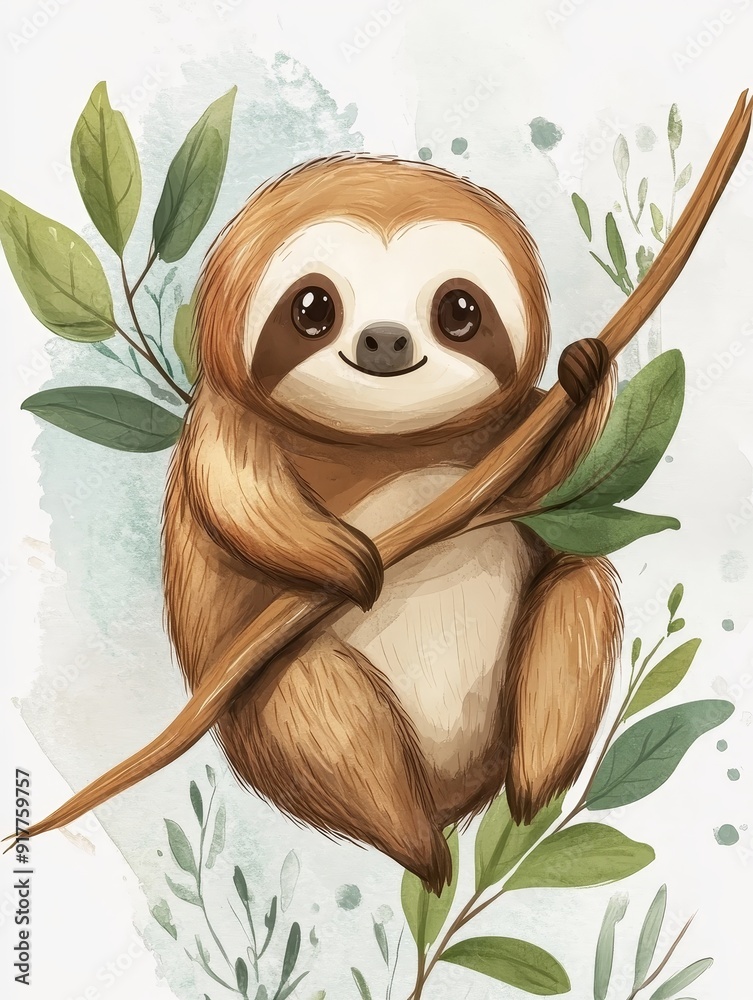 Obraz premium Cute Sloth Hanging on a Branch in Watercolor Style