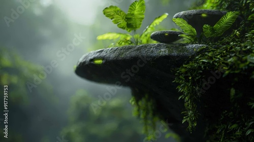  A moss-covered rock stands out in the heart of a verdant forest, teeming with lush green plants In the foreground, a mushroom-like object adds intr photo