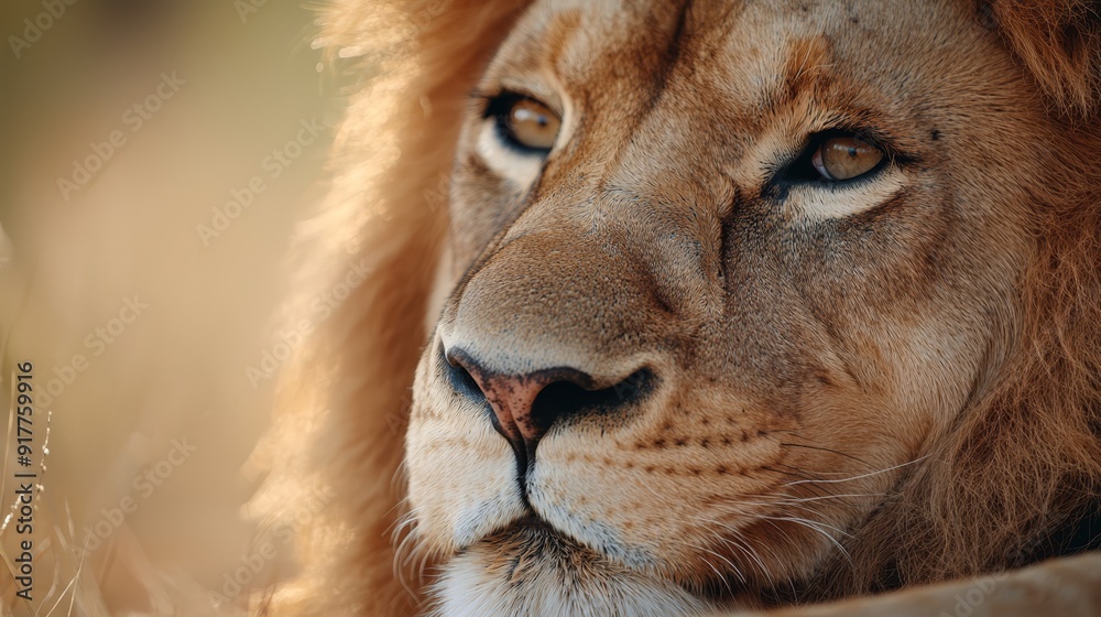 A lion's face in tight focus with a blurred background and soft lighting A lion's face in tight focus with a blurred background and soft lighting
