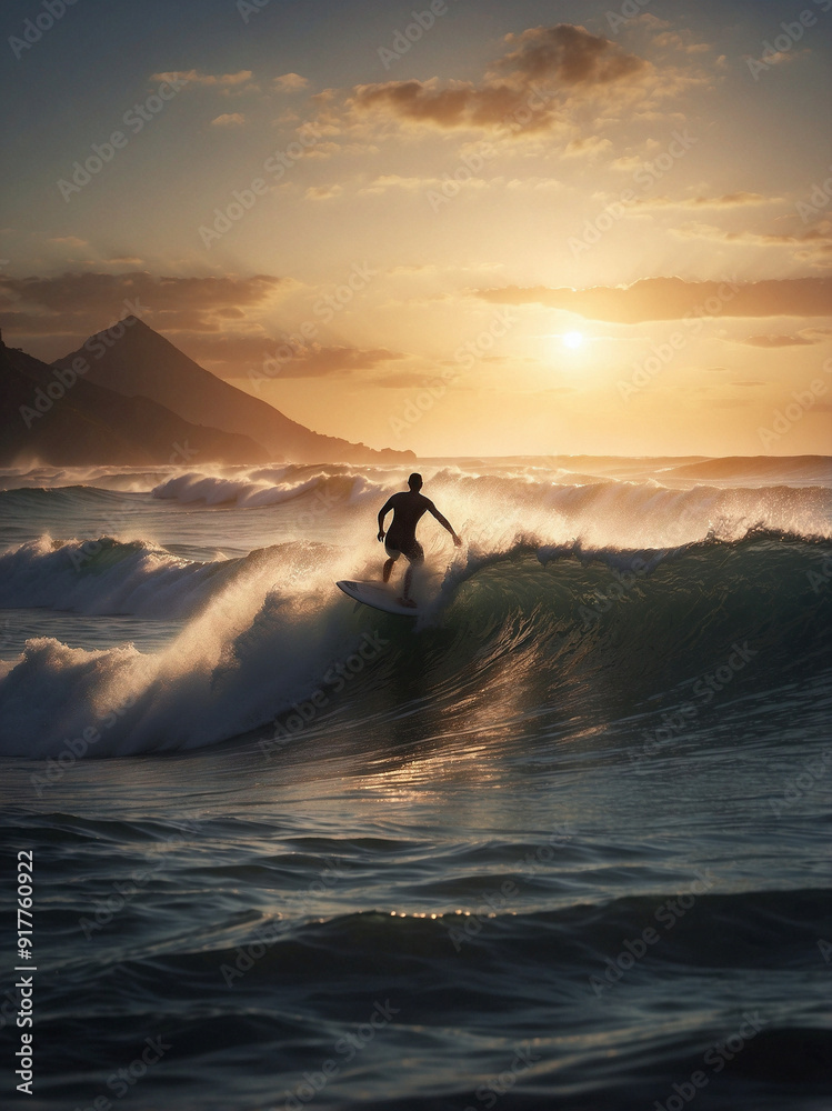 Obraz premium Surfer riding a powerful wave at sunset with dramatic sky and ocean spray