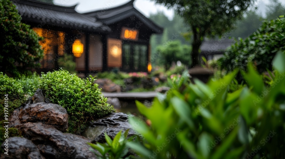 A house faced a tranquil pond, surrounded by verdant greenery In front, a stone garden lay nestled A house faced a tranquil pond, surrounded by verdant greenery In front, a stone garden lay nestled