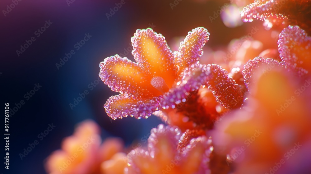 A tight shot of multiple flowers with dewdrops on their petals and atop their blooms A tight shot of multiple flowers with dewdrops on their petals and atop their blooms