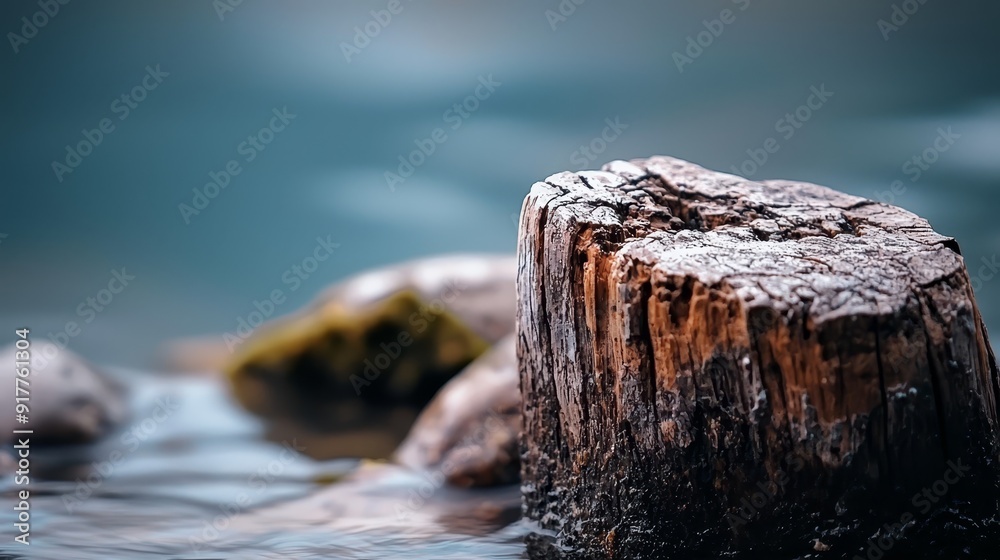A tight shot of a tree stump submerged in water, with a solitary rock floating in its midst A tight shot of a tree stump submerged in water, with a solitary rock floating in its midst