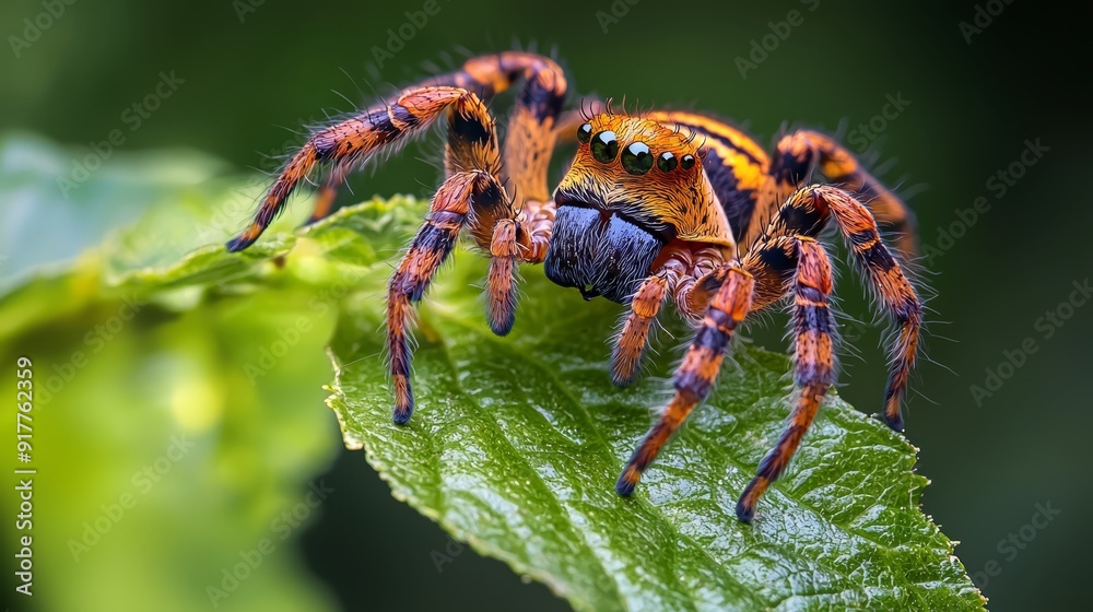 A tight shot of a spider on a wet, green leaf, with water beads on its hind legs and legs A tight shot of a spider on a wet, green leaf, with water beads on its hind legs and legs