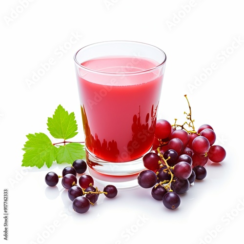 Wallpaper Mural A vibrant image featuring a glass of fresh red grape juice with green leaves and ripe grapes on a white background, promoting a healthy lifestyle and antioxidant-rich beverages. Torontodigital.ca