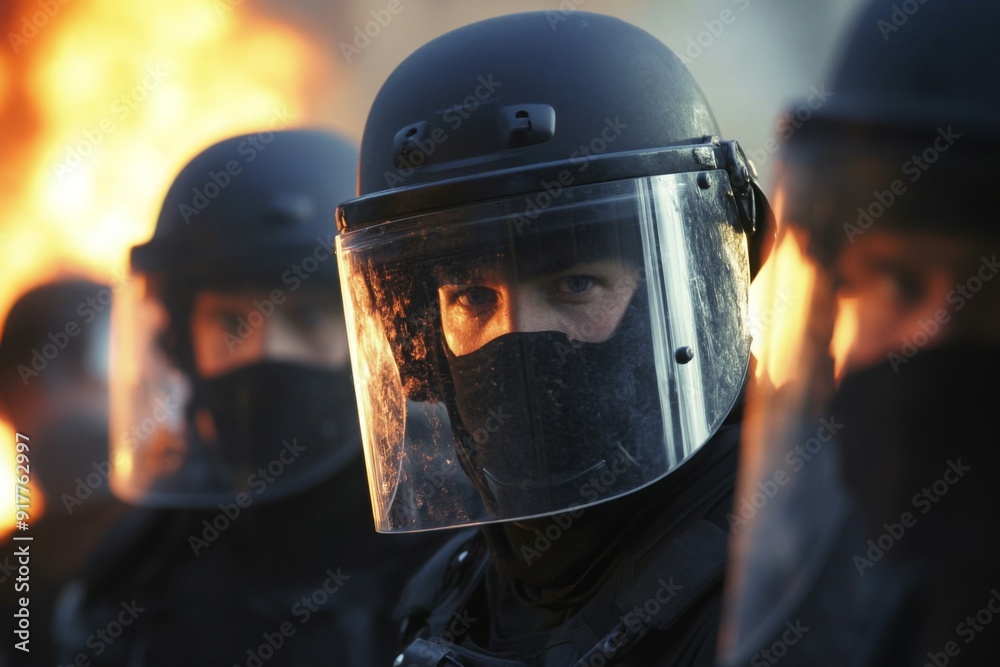 Fototapeta premium a close up of police in full gear including shield