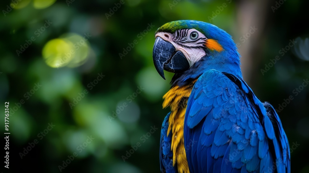 A tight shot of a blue-and-yellow parrot against a backdrop of green leaves near its head A tight shot of a blue-and-yellow parrot against a backdrop of green leaves near its head