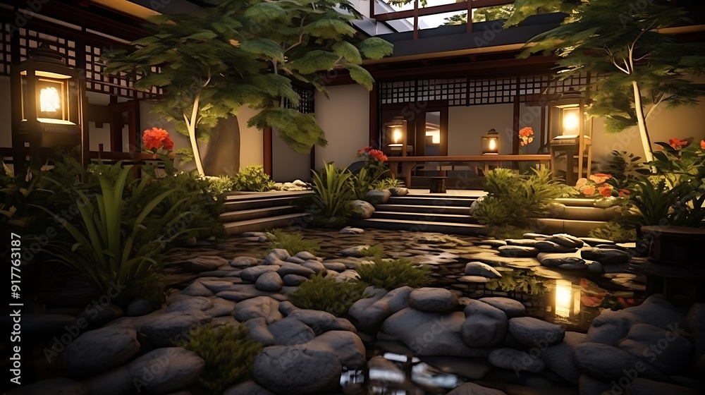 HD Traditional Japanese courtyard design, a luxurious 3D house with modern architecture, featuring a private courtyard with a koi pond, Zen garden HD Traditional Japanese courtyard design, a luxurious 3D house with modern architecture, featuring a private courtyard with a koi pond, Zen garden
