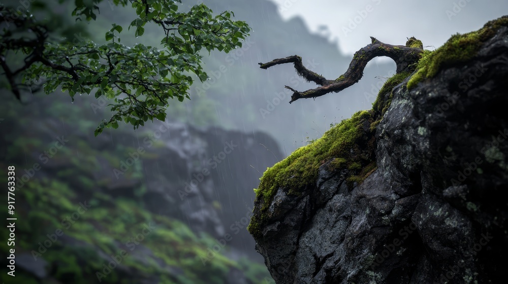 A tree branch protruding from a cliffside, moss-covered, with a waterfall backdrop A tree branch protruding from a cliffside, moss-covered, with a waterfall backdrop