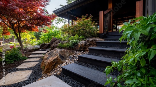  A path of steps approaches a building, with a solitary tree in the foreground and rocks scattered at its base