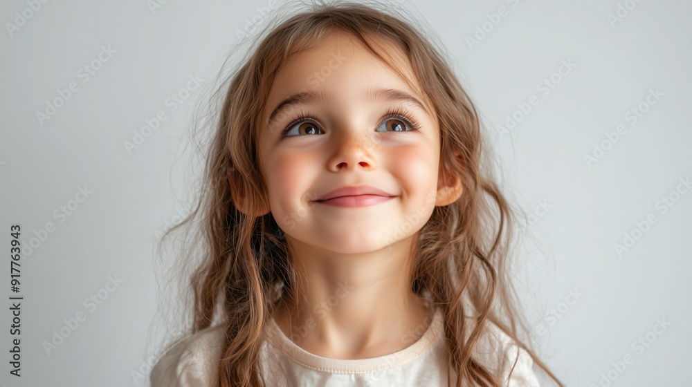 A girl expresses genuine happiness while gazing upward with delight A girl expresses genuine happiness while gazing upward with delight