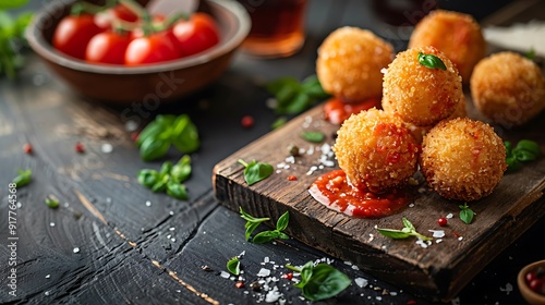 A marinara sauce topped crispy arancini balls set on a rustic backdrop of a trattoria