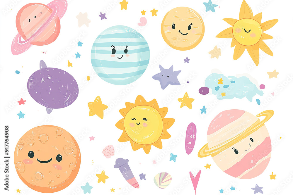 Charming Kawaii Vector Art Featuring Planets, Sun, and Stars in Pastel Colors, Perfect for Baby Room Decor, Stickers, and Wallpaper Prints on White Background