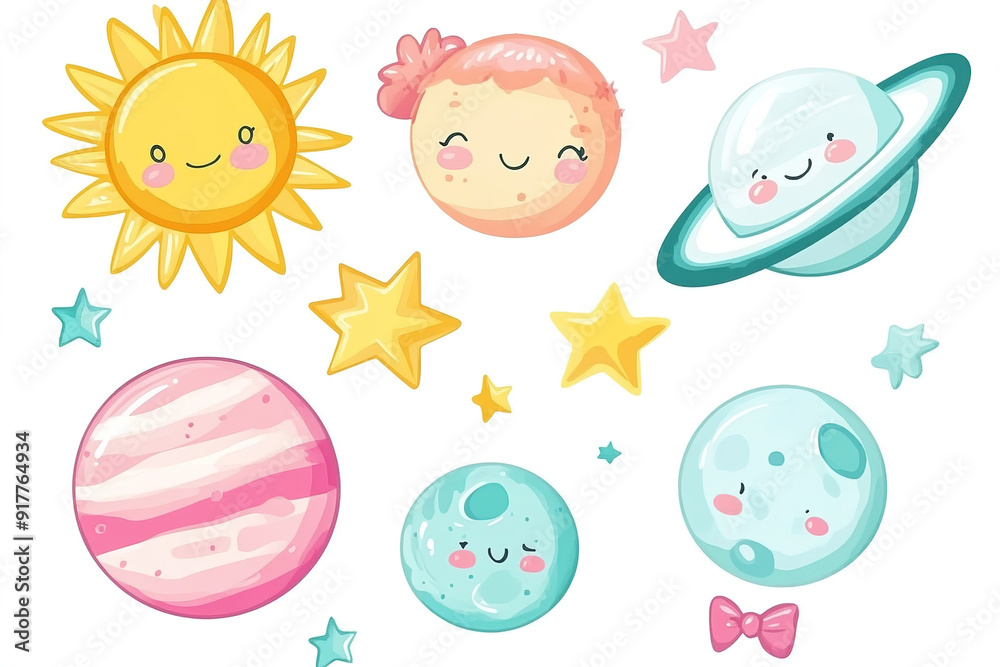 Charming Kawaii Vector Art Featuring Planets, Sun, and Stars in Pastel Colors, Perfect for Baby Room Decor, Stickers, and Wallpaper Prints on White Background Charming Kawaii Vector Art Featuring Planets, Sun, and Stars in Pastel Colors, Perfect for Baby Room Decor, Stickers, and Wallpaper Prints on White Background