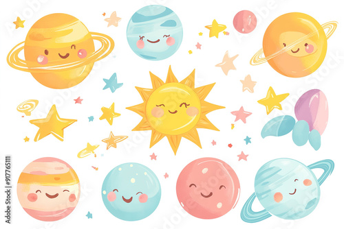 Kawaii Vector Collection of Cute Planets, Sun, and Stars in Pastel Colors, Ideal for Baby Room Decor, Stickers, and Wallpaper, Set on White Background