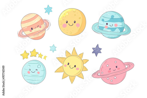 Kawaii Vector Collection of Cute Planets, Sun, and Stars in Pastel Colors, Ideal for Baby Room Decor, Stickers, and Wallpaper, Set on White Background

