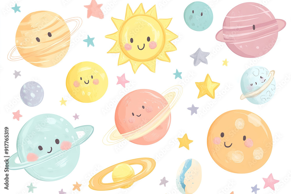 Adorable Kawaii Style Vector Art of Planets, Sun, and Stars in Pastel Colors, Isolated on White Background for Baby Room Wallpaper or Sticker Design Adorable Kawaii Style Vector Art of Planets, Sun, and Stars in Pastel Colors, Isolated on White Background for Baby Room Wallpaper or Sticker Design