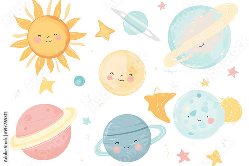 Kawaii Vector Collection of Cute Planets, Sun, and Stars in Pastel Colors, Ideal for Baby Room Decor, Stickers, and Wallpaper, Set on White Background