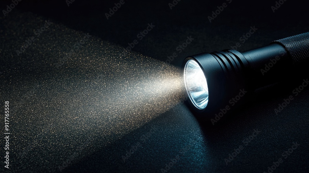A bright flashlight cutting through the dark, showcasing a concentrated beam of light in an otherwise black environment. A bright flashlight cutting through the dark, showcasing a concentrated beam of light in an otherwise black environment.