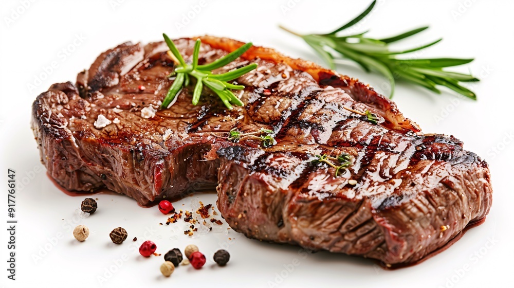 Succulent, grilled steak with spices on a white background. Succulent, grilled steak with spices on a white background.