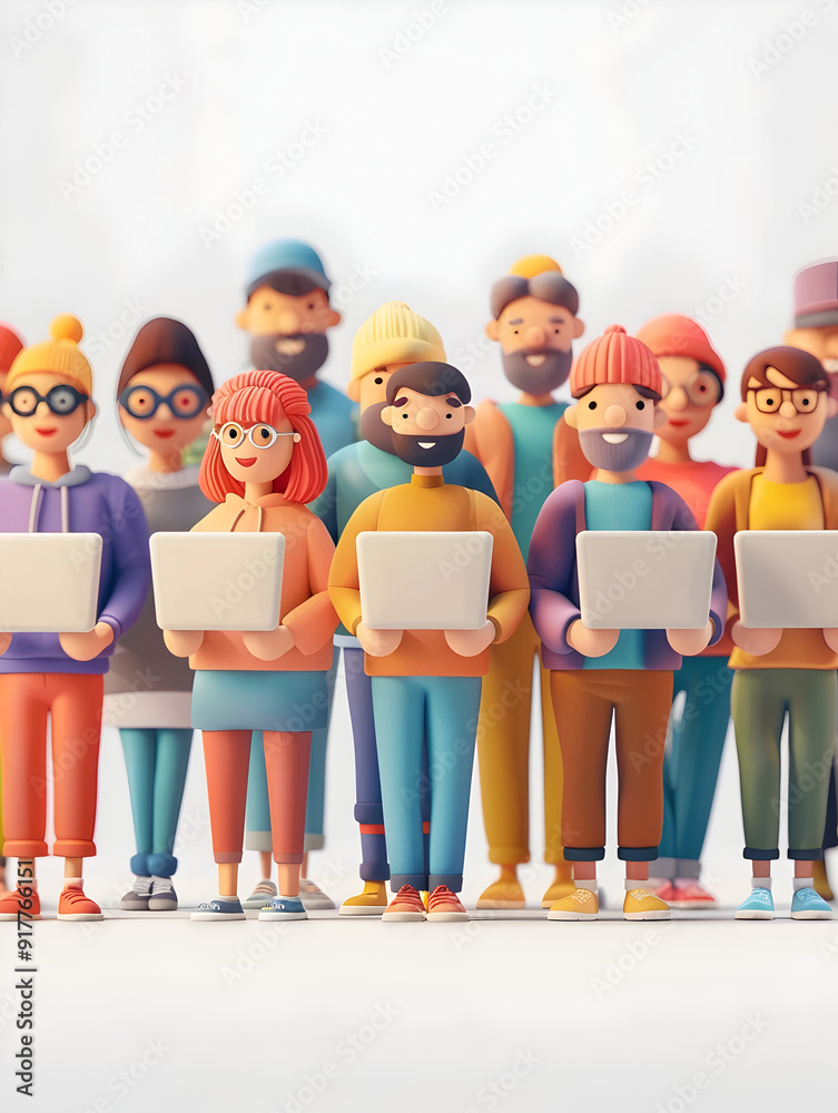 Fototapeta premium A group of people using glowing laptops with joyful expressions against a dreamy background concept for a productive and happy working environment.