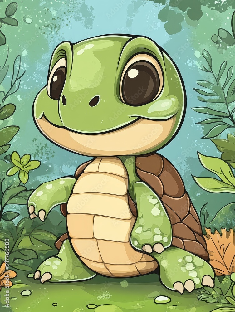 Fototapeta premium Cute Cartoon Turtle in a Lush Forest