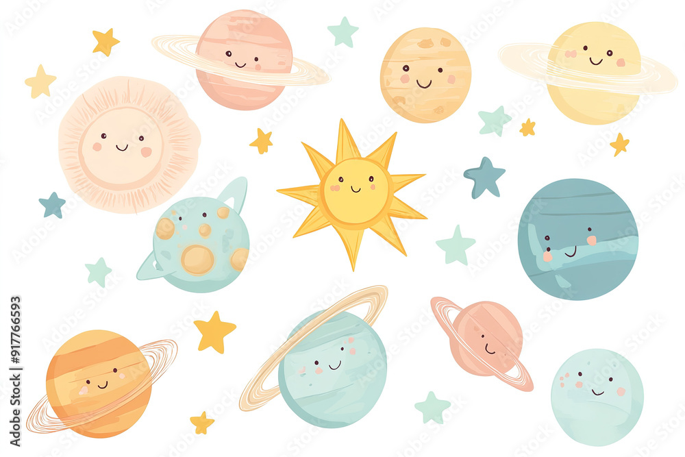 Adorable Kawaii Style Vector Art of Planets, Sun, and Stars in Pastel Colors, Isolated on White Background for Baby Room Wallpaper or Sticker Design Adorable Kawaii Style Vector Art of Planets, Sun, and Stars in Pastel Colors, Isolated on White Background for Baby Room Wallpaper or Sticker Design