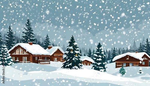 In the snowy winter mountainous area, wooden houses and pine trees dot the white snow, making it warm and peaceful.