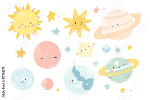 Adorable Kawaii Style Vector Art of Planets, Sun, and Stars in Pastel Colors, Isolated on White Background for Baby Room Wallpaper or Sticker Design