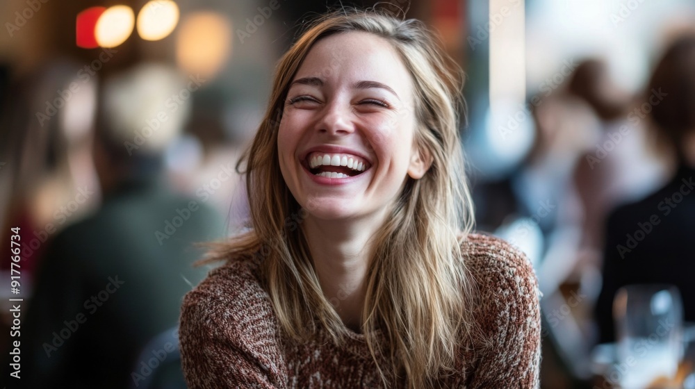 A candid shot of a woman laughing joyfully at a social gathering, with natural light accentuating her vibrant personality and genuine beauty. A candid shot of a woman laughing joyfully at a social gathering, with natural light accentuating her vibrant personality and genuine beauty.
