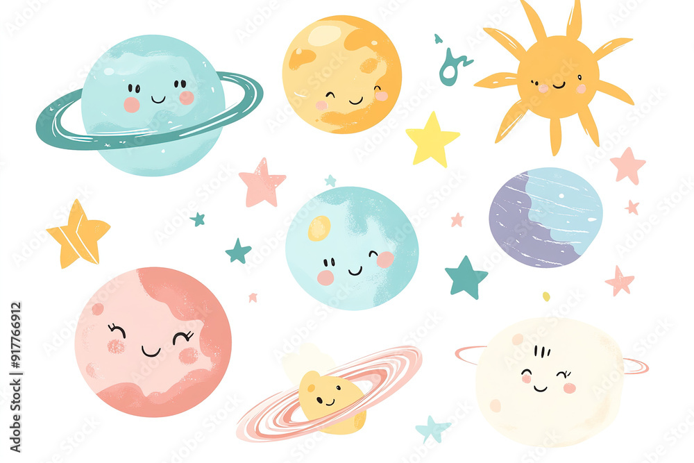 Charming Kawaii Vector Illustration of Planets, Sun, and Stars in Soft Pastel Colors, Great for Decorating a Baby’s Room or Creating Stickers, White Background Charming Kawaii Vector Illustration of Planets, Sun, and Stars in Soft Pastel Colors, Great for Decorating a Baby’s Room or Creating Stickers, White Background