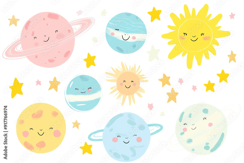 Charming Kawaii Vector Illustration of Planets, Sun, and Stars in Soft Pastel Colors, Great for Decorating a Baby’s Room or Creating Stickers, White Background Charming Kawaii Vector Illustration of Planets, Sun, and Stars in Soft Pastel Colors, Great for Decorating a Baby’s Room or Creating Stickers, White Background