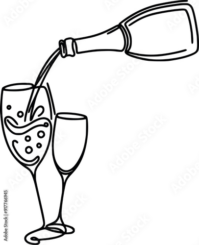 Continuous One line drawing process of pouring champagne into a glasses generated Ai