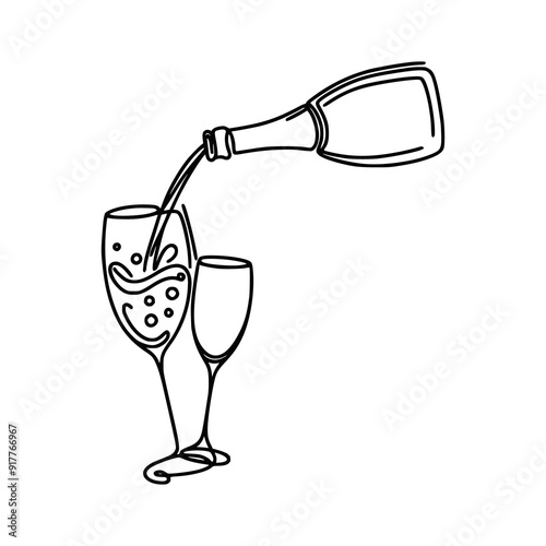 Continuous One line drawing process of pouring champagne into a glasses generated Ai