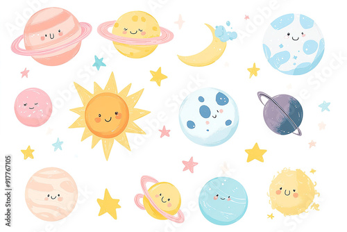 Charming Kawaii Vector Illustration of Planets, Sun, and Stars in Soft Pastel Colors, Great for Decorating a Baby’s Room or Creating Stickers, White Background