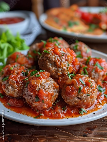 Savory meatballs served on a pristine plate. photo