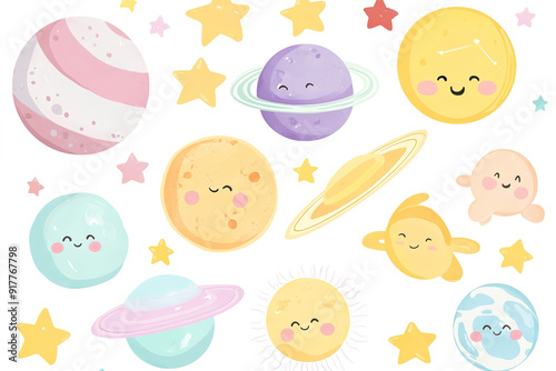 Pastel-Colored Vector Set of Adorable Planets, Sun, and Stars in Kawaii Style, Ideal for Baby Room Wallpaper or Sticker Print, Isolated on White Background

